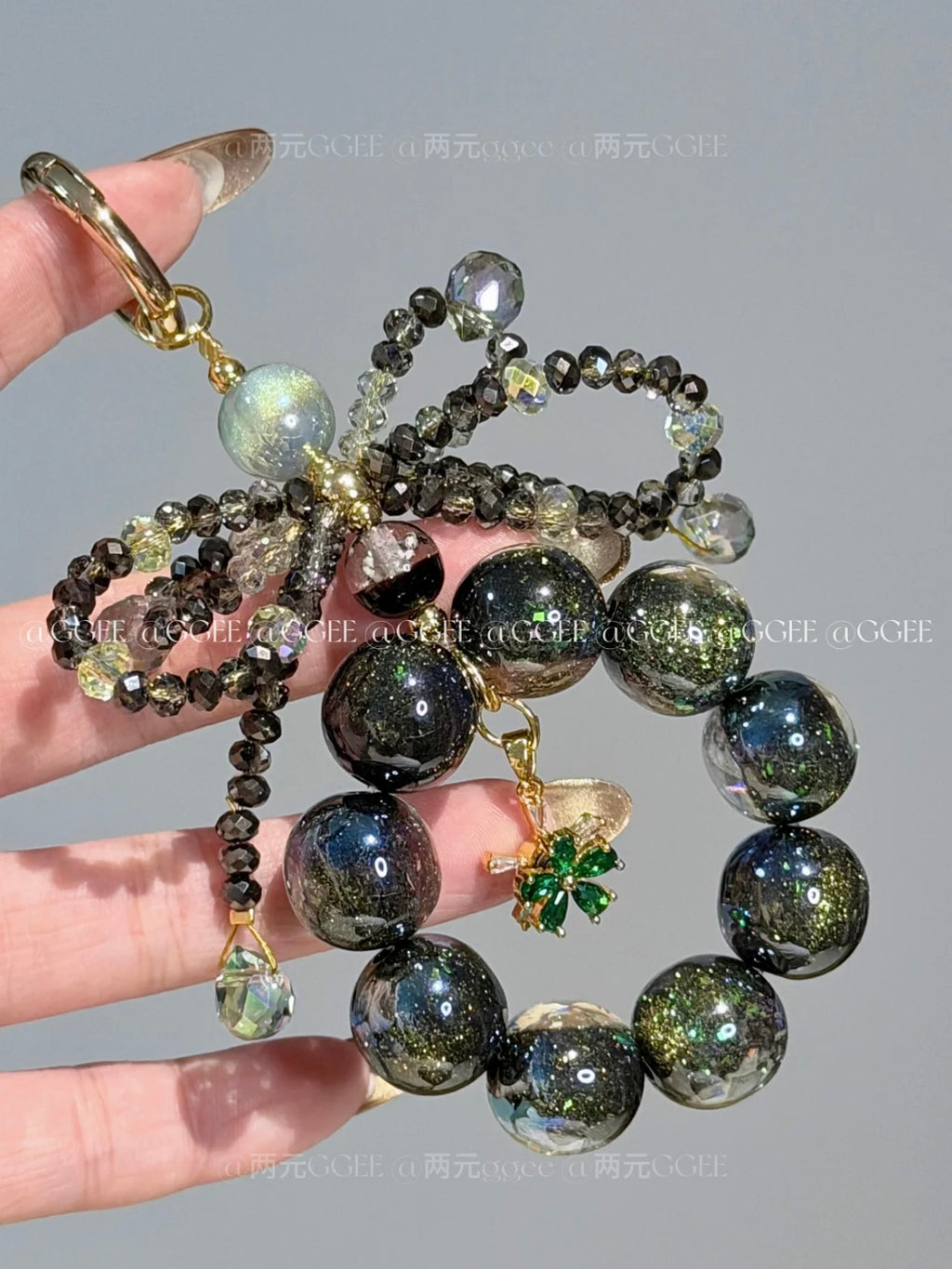 The "Black Swan" Bow Bag Charm - Dark Galaxy Beads with Crystal Ribbon | Dark Coquette Aesthetic