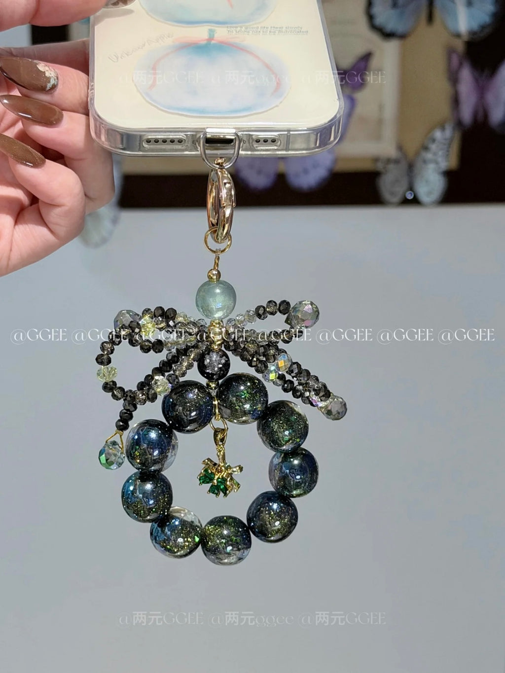 The "Black Swan" Bow Bag Charm - Dark Galaxy Beads with Crystal Ribbon | Dark Coquette Aesthetic