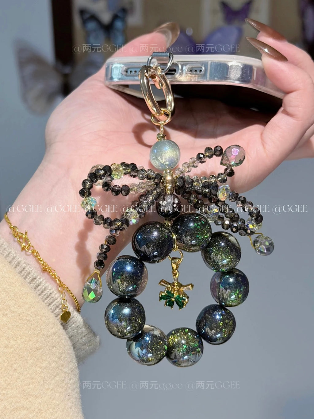 The "Black Swan" Bow Bag Charm - Dark Galaxy Beads with Crystal Ribbon | Dark Coquette Aesthetic