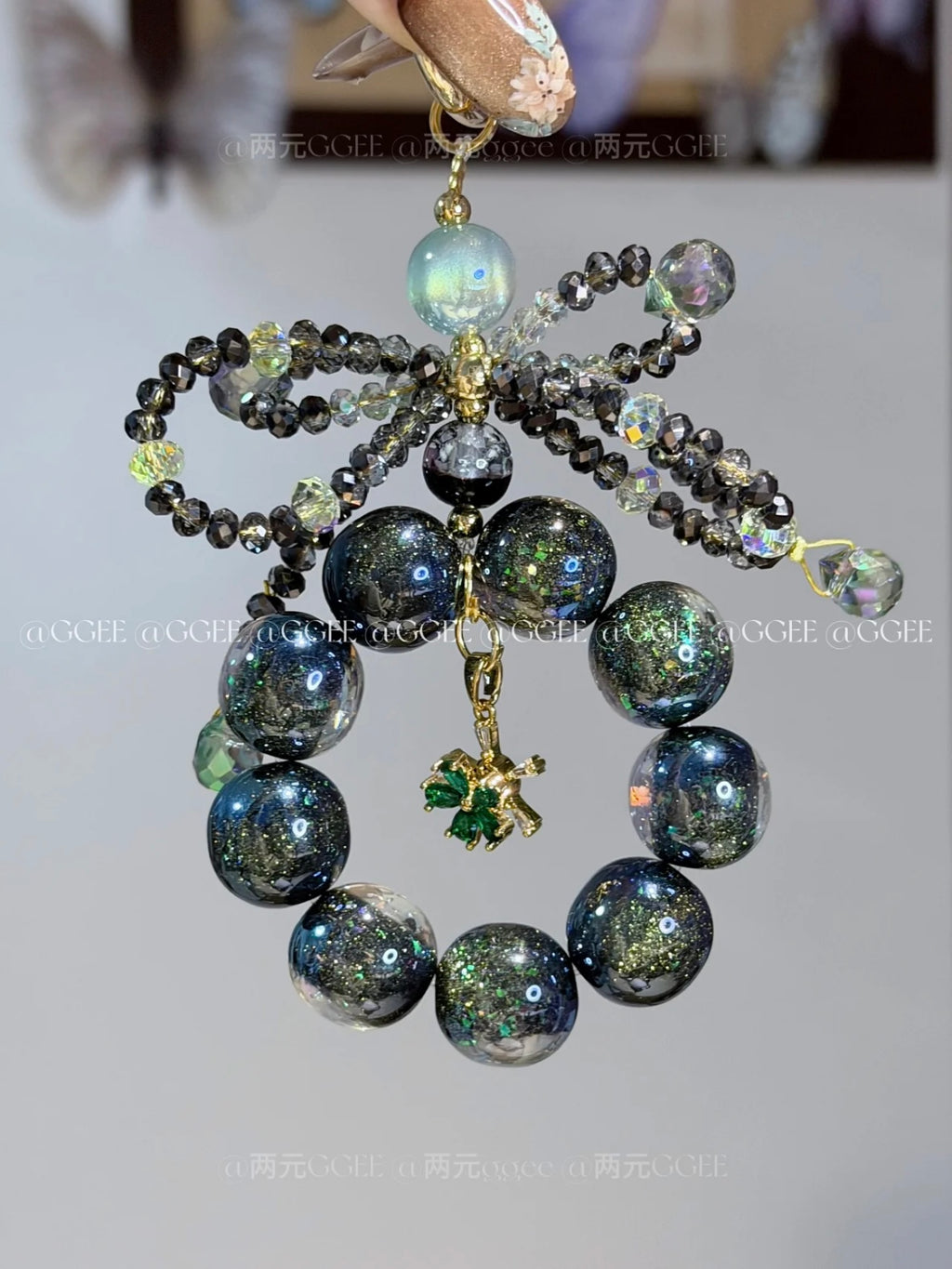 The "Black Swan" Bow Bag Charm - Dark Galaxy Beads with Crystal Ribbon | Dark Coquette Aesthetic