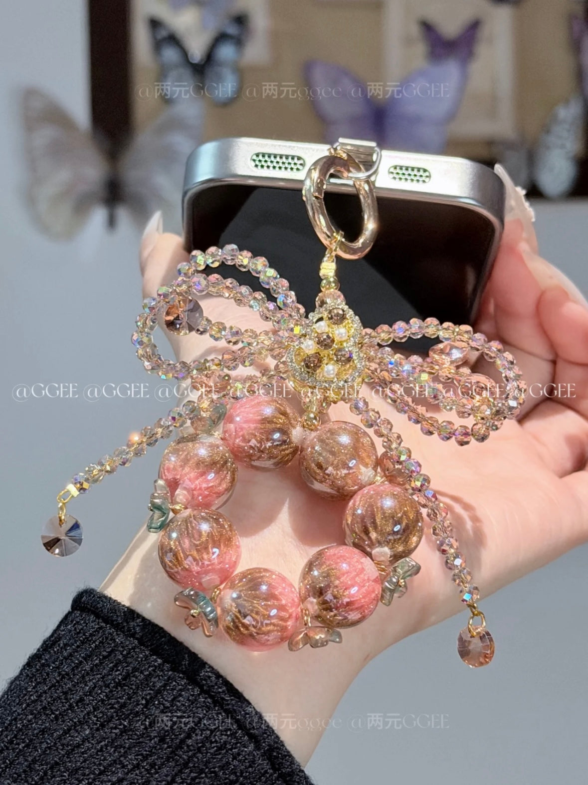 The "Ballet Girl" Crystal Bow Charm - Rose Gold & Vintage Pink Beads | Balletcore Aesthetic