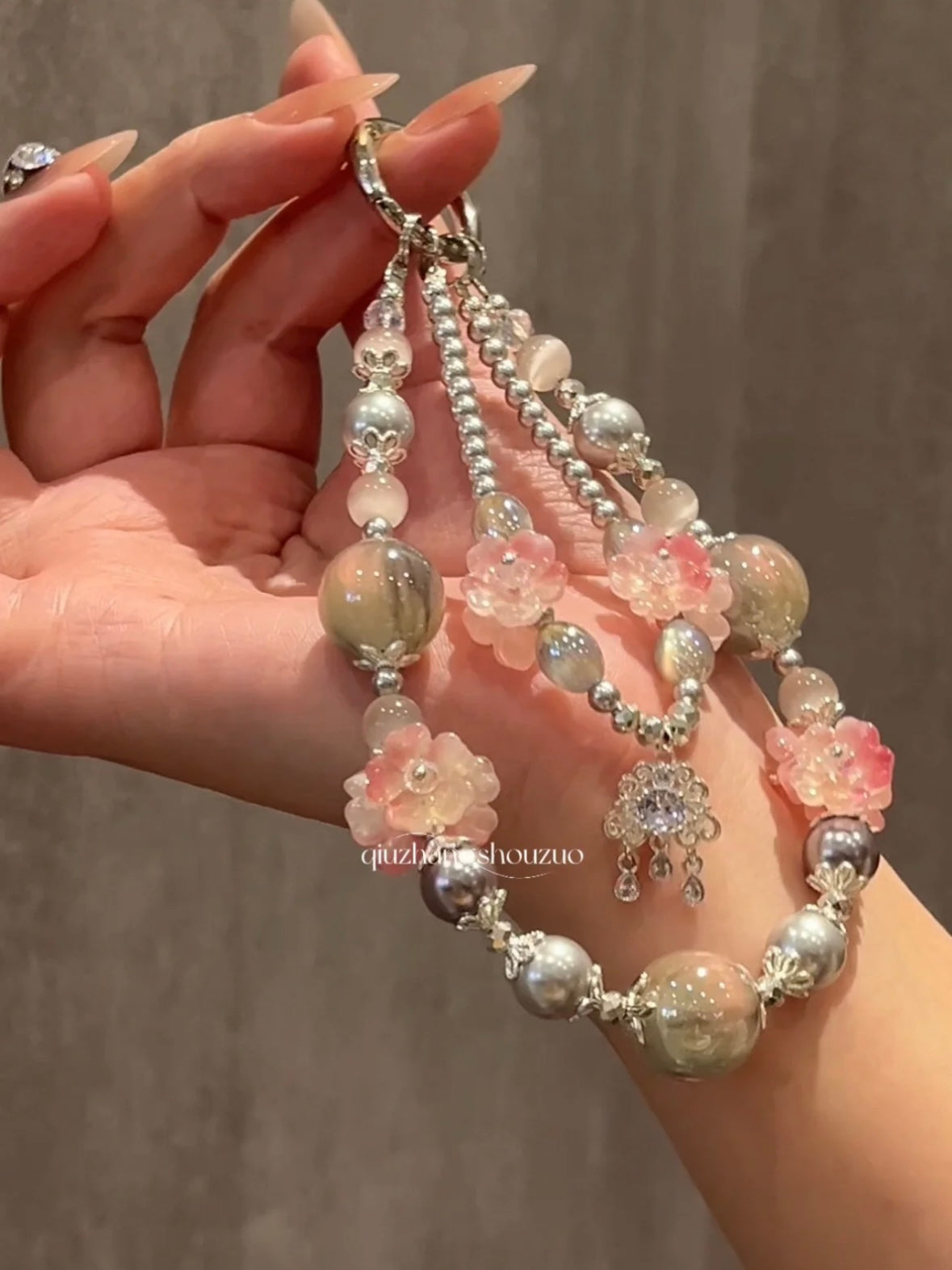 The "Moonlight Garden" Bag Charm Floral Silver Coquette Phone Strap - Grey Shimmer Beads & Pink Blossoms | Dreamy Gift