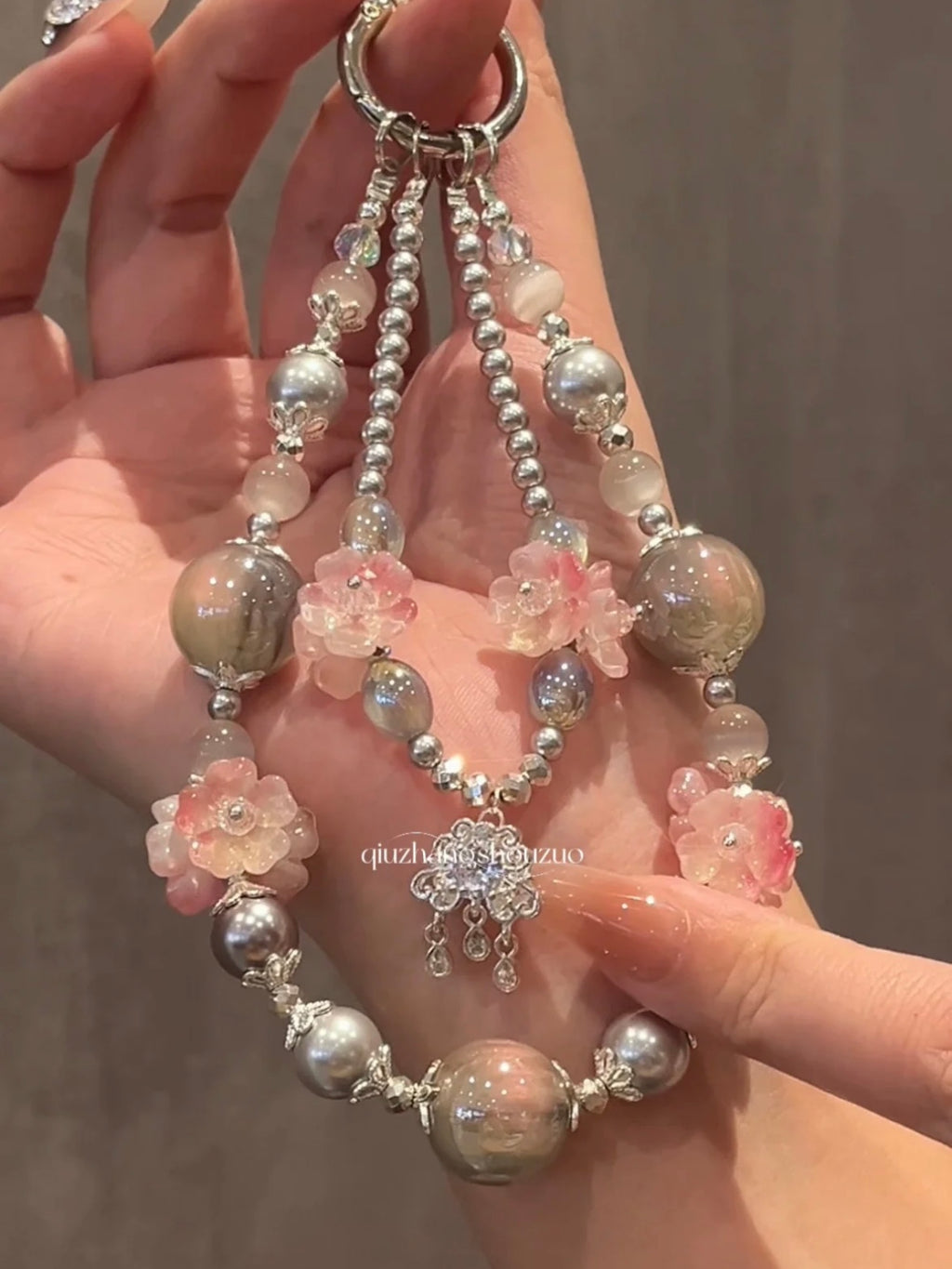 The "Moonlight Garden" Bag Charm Floral Silver Coquette Phone Strap - Grey Shimmer Beads & Pink Blossoms | Dreamy Gift