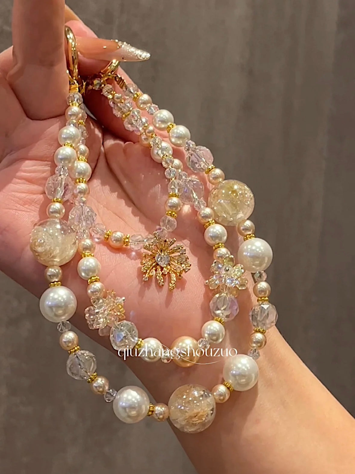 "Vanilla Dream" Luxury Bag Chain Faux Pearls with Sunburst Pendant Classy Accessory