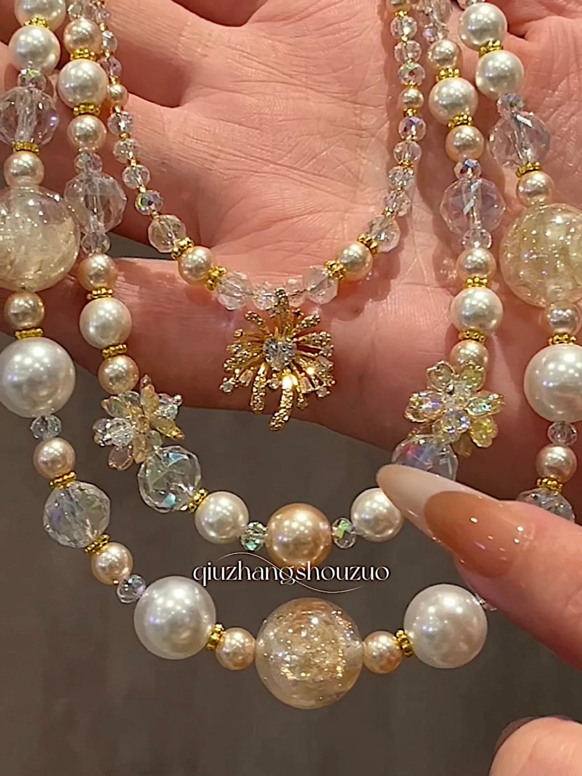 "Vanilla Dream" Luxury Bag Chain Faux Pearls with Sunburst Pendant Classy Accessory