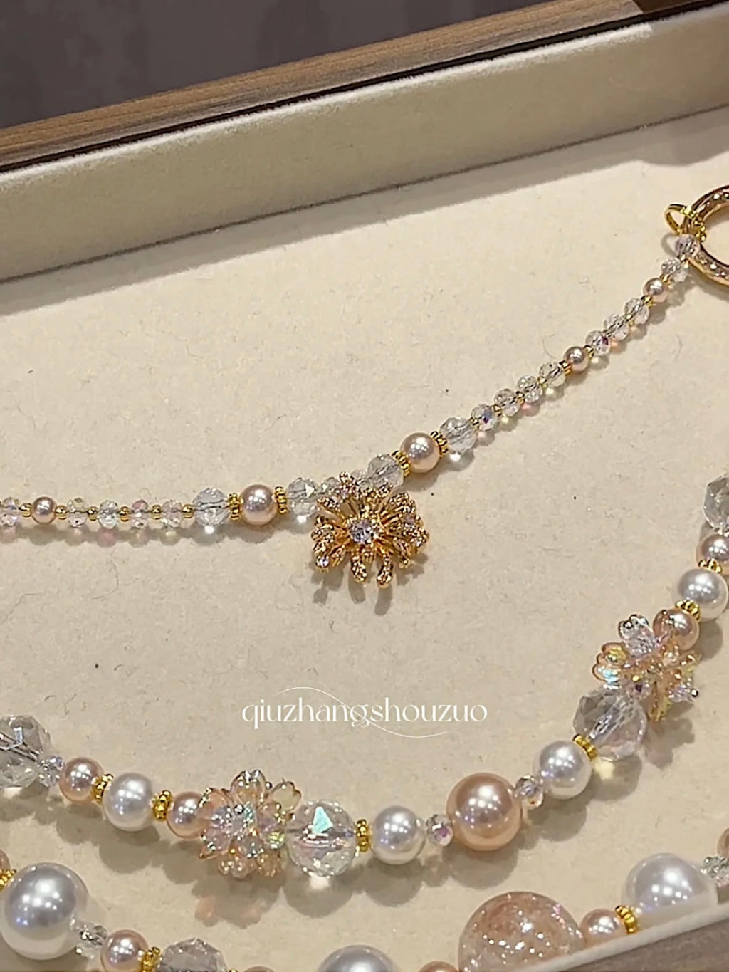 "Vanilla Dream" Luxury Bag Chain Faux Pearls with Sunburst Pendant Classy Accessory