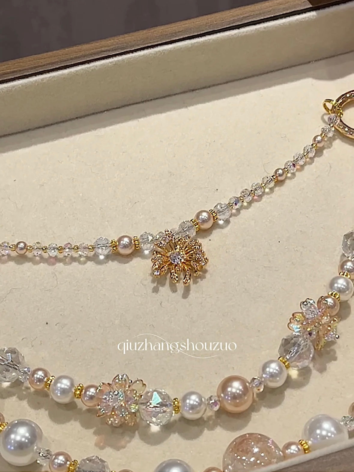 "Vanilla Dream" Luxury Bag Chain Faux Pearls with Sunburst Pendant Classy Accessory