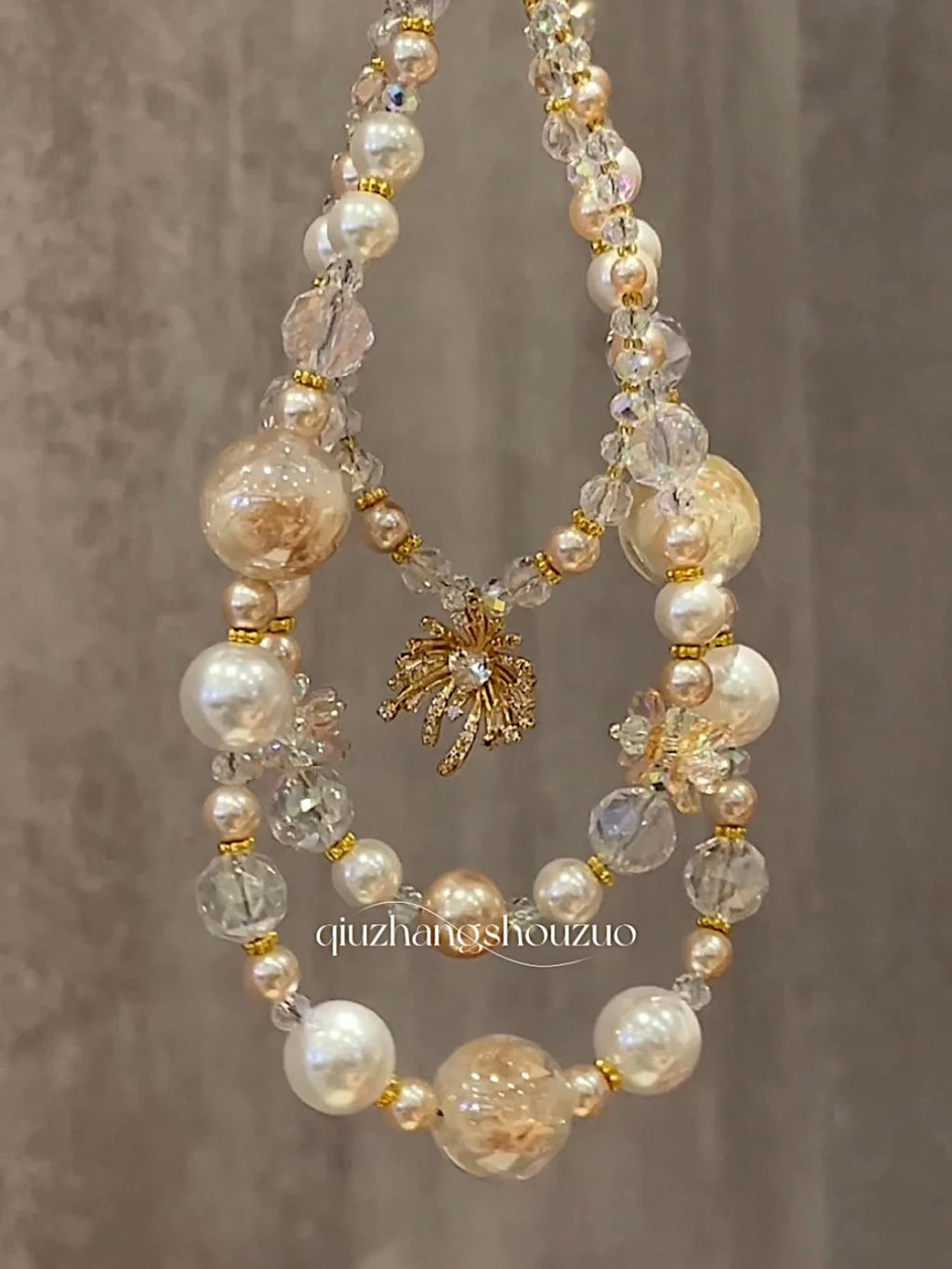 "Vanilla Dream" Luxury Bag Chain Faux Pearls with Sunburst Pendant Classy Accessory