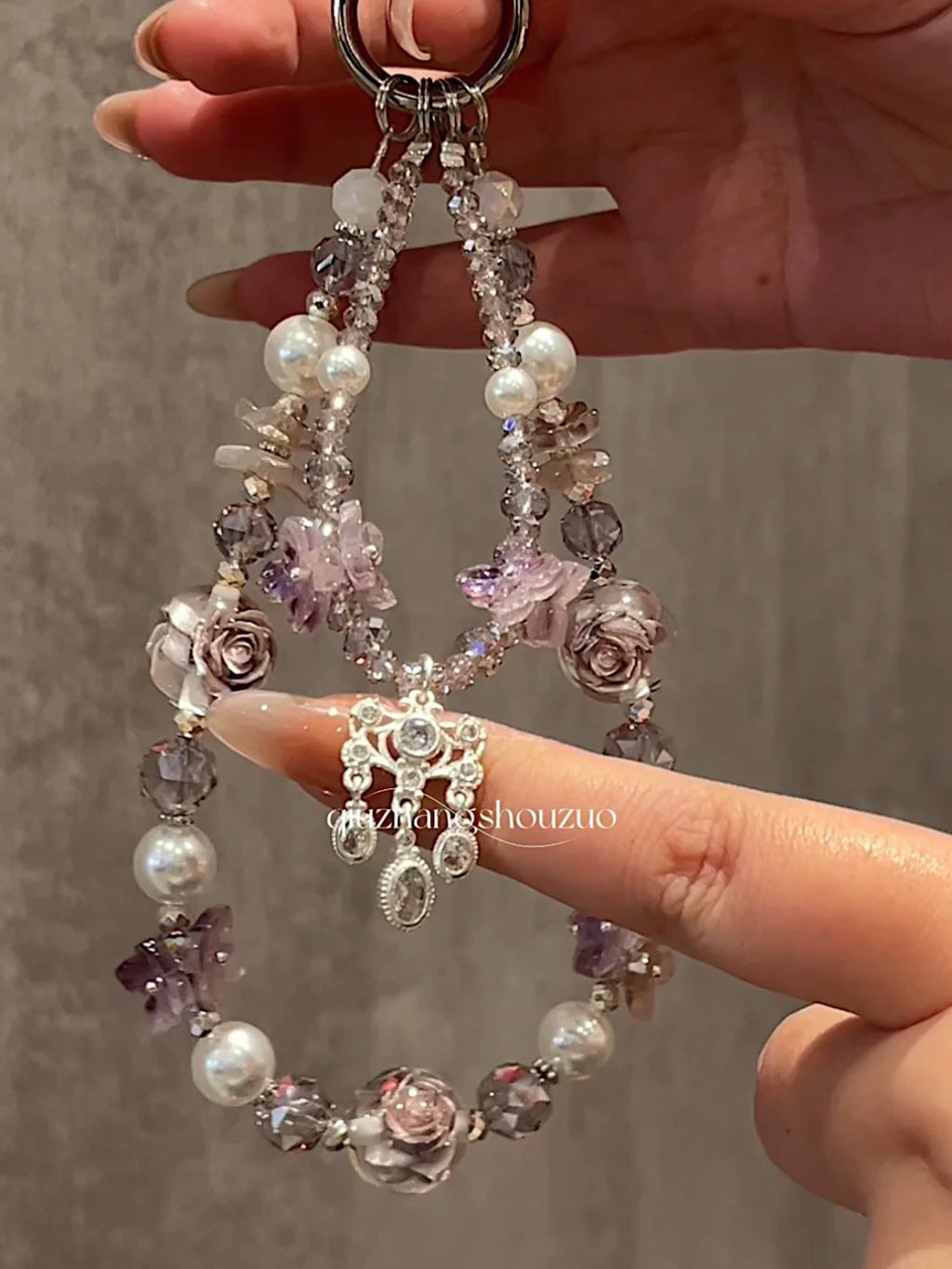 "Antique Romance" Chandelier Keychain - Frosted Roses & Silver Crystals | Smokey Quartz & Mauve Rose Phone Strap