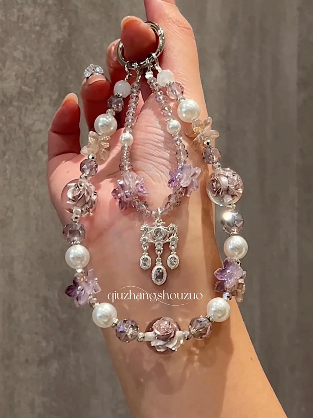 "Antique Romance" Chandelier Keychain - Frosted Roses & Silver Crystals | Smokey Quartz & Mauve Rose Phone Strap