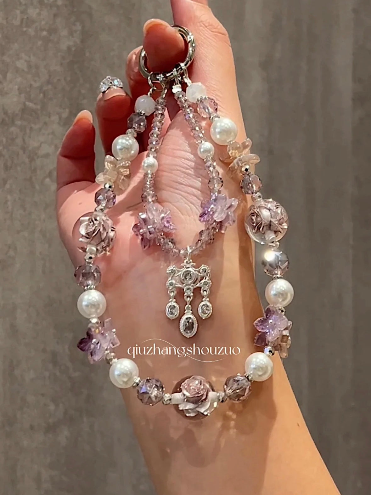 "Antique Romance" Chandelier Keychain - Frosted Roses & Silver Crystals | Smokey Quartz & Mauve Rose Phone Strap