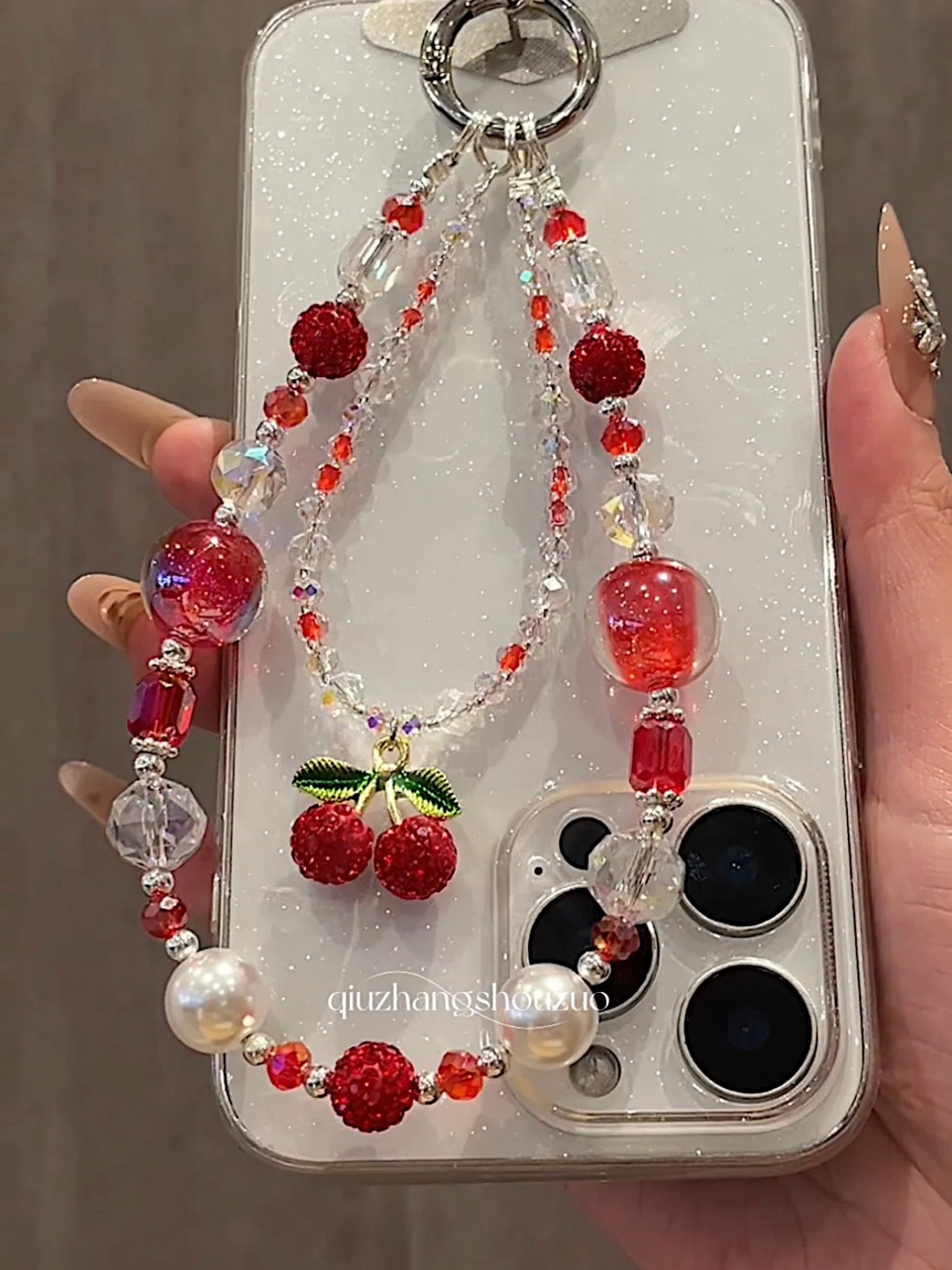 The "Cherry Bomb" Coquette Bag Charm Sugar Texture Red Beads & Crystal Strand | Summer Vibe