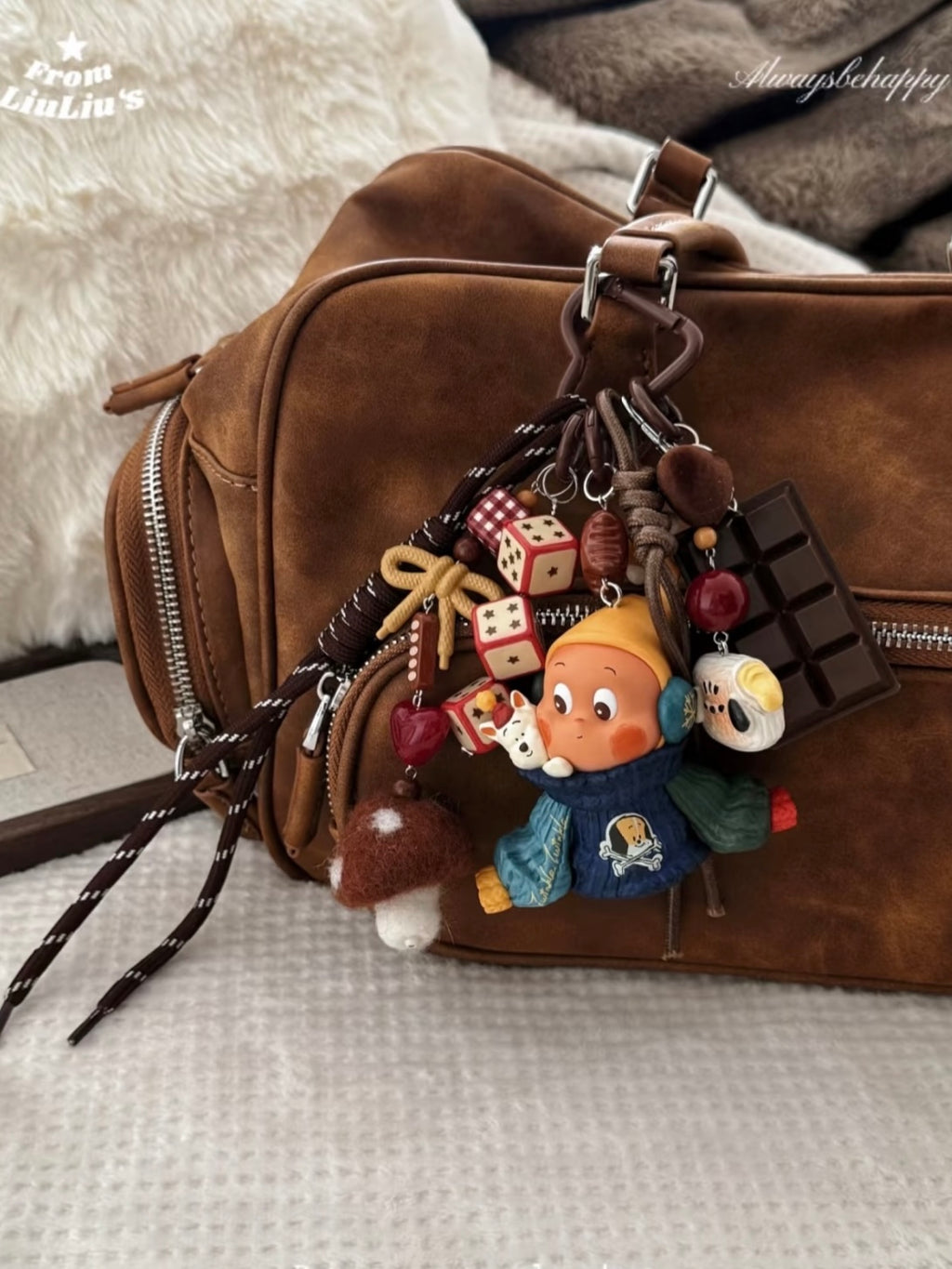 Cute Cartoon Figurine Bag Charm with Chocolate & Doll DIY Keychain & Phone Strap Accessory