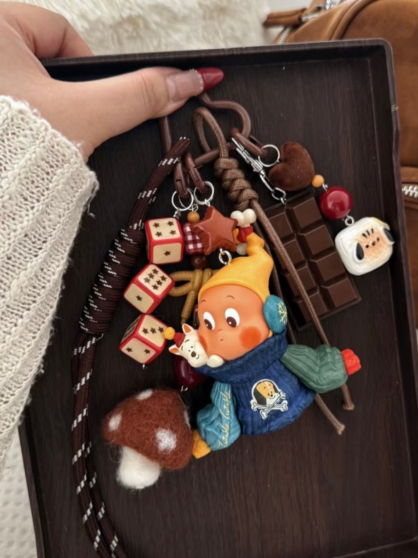 Cute Cartoon Figurine Bag Charm with Chocolate & Doll DIY Keychain & Phone Strap Accessory
