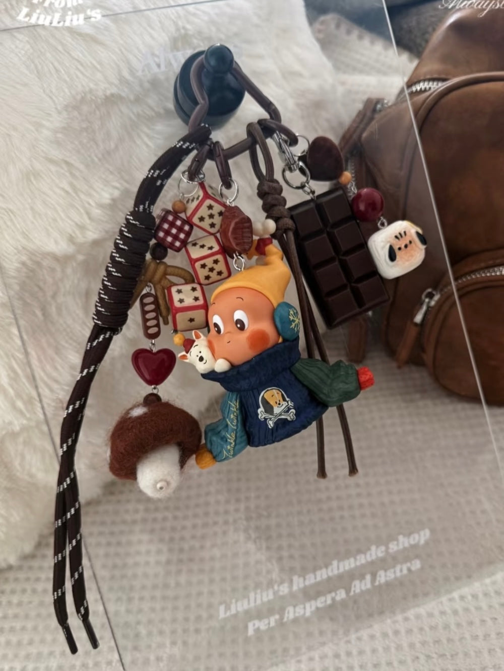 Cute Cartoon Figurine Bag Charm with Chocolate & Doll DIY Keychain & Phone Strap Accessory