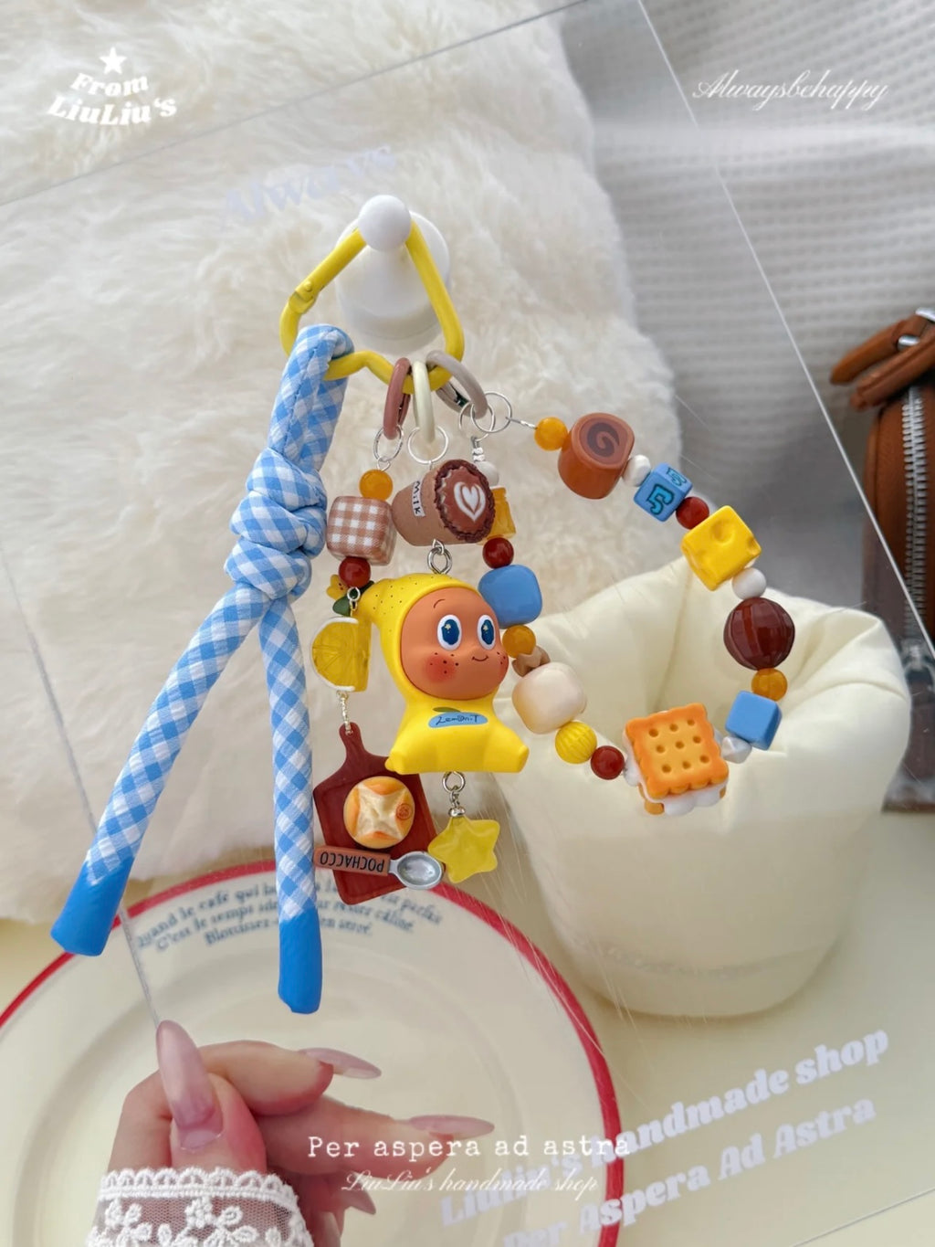 Kawaii Handmade Bag Charm Strap – Yellow StarMan Doll Beaded Lanyard with Cookie, Candy & Heart Charms