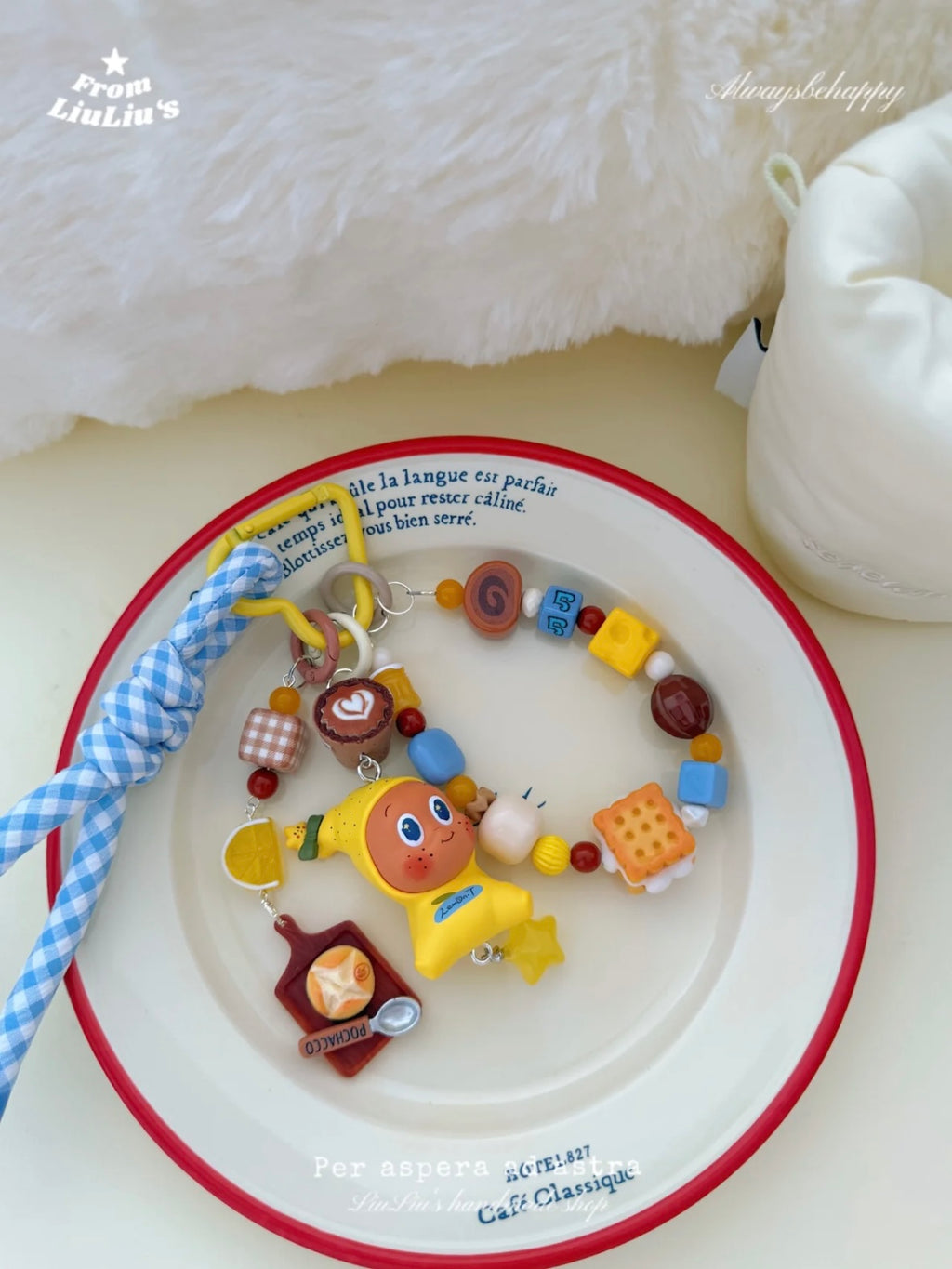 Kawaii Handmade Bag Charm Strap – Yellow StarMan Doll Beaded Lanyard with Cookie, Candy & Heart Charms