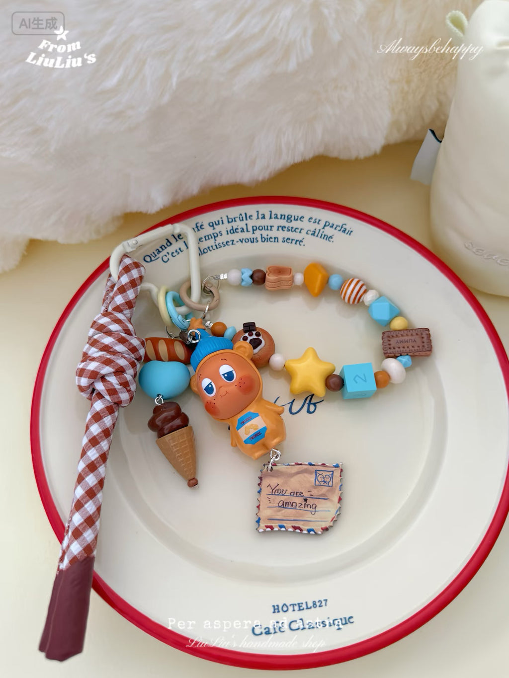 Handmade Kawaii Bag Charm Strap – Orange StarMan Doll with Ice Cream, Cookie & Beaded Lanyard