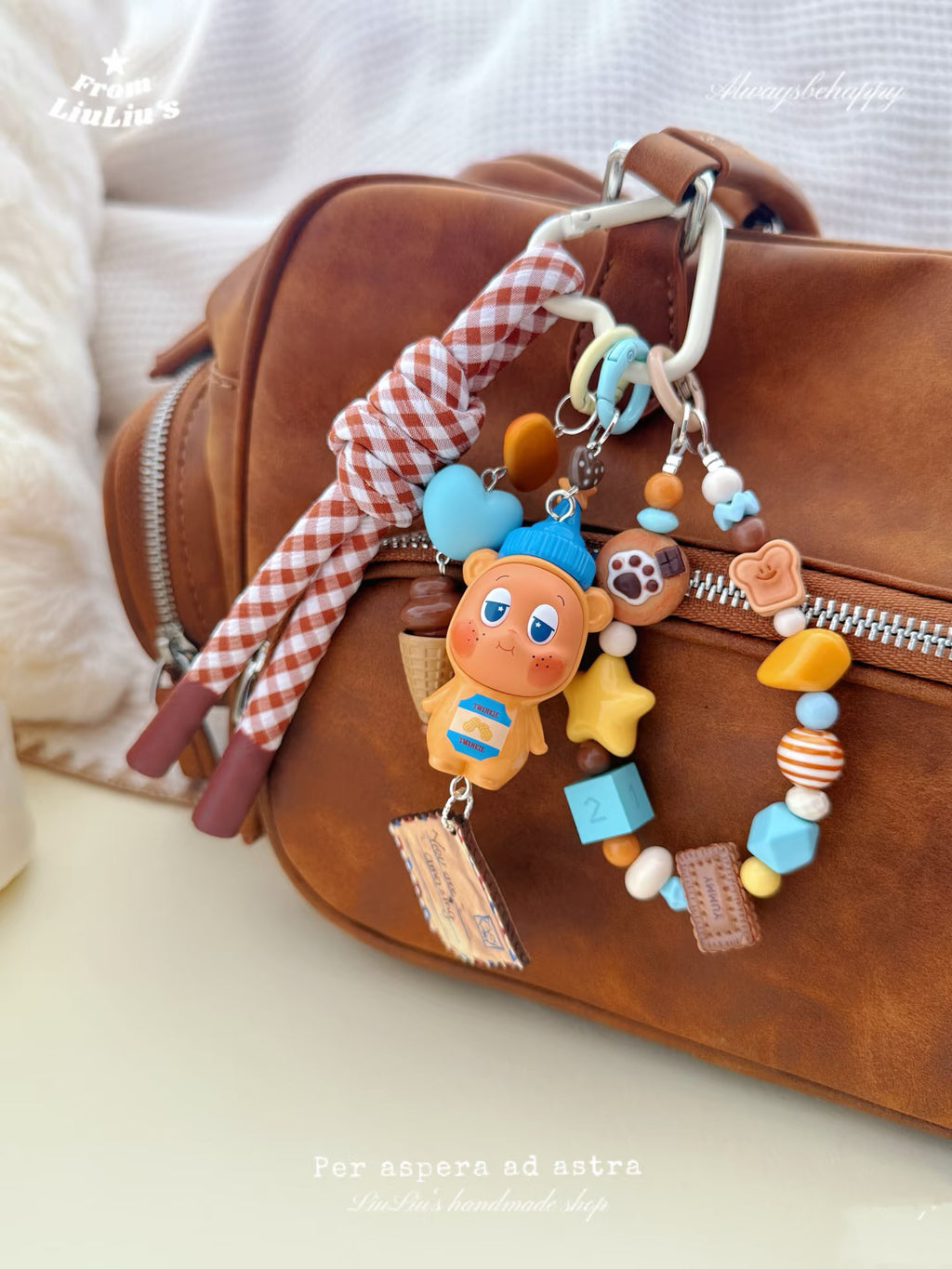 Handmade Kawaii Bag Charm Strap – Orange StarMan Doll with Ice Cream, Cookie & Beaded Lanyard