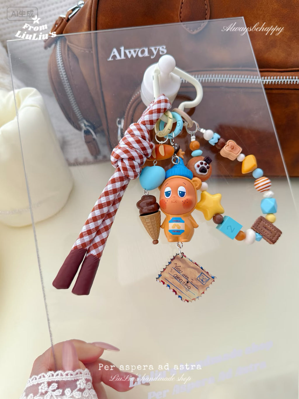 Handmade Kawaii Bag Charm Strap – Orange StarMan Doll with Ice Cream, Cookie & Beaded Lanyard