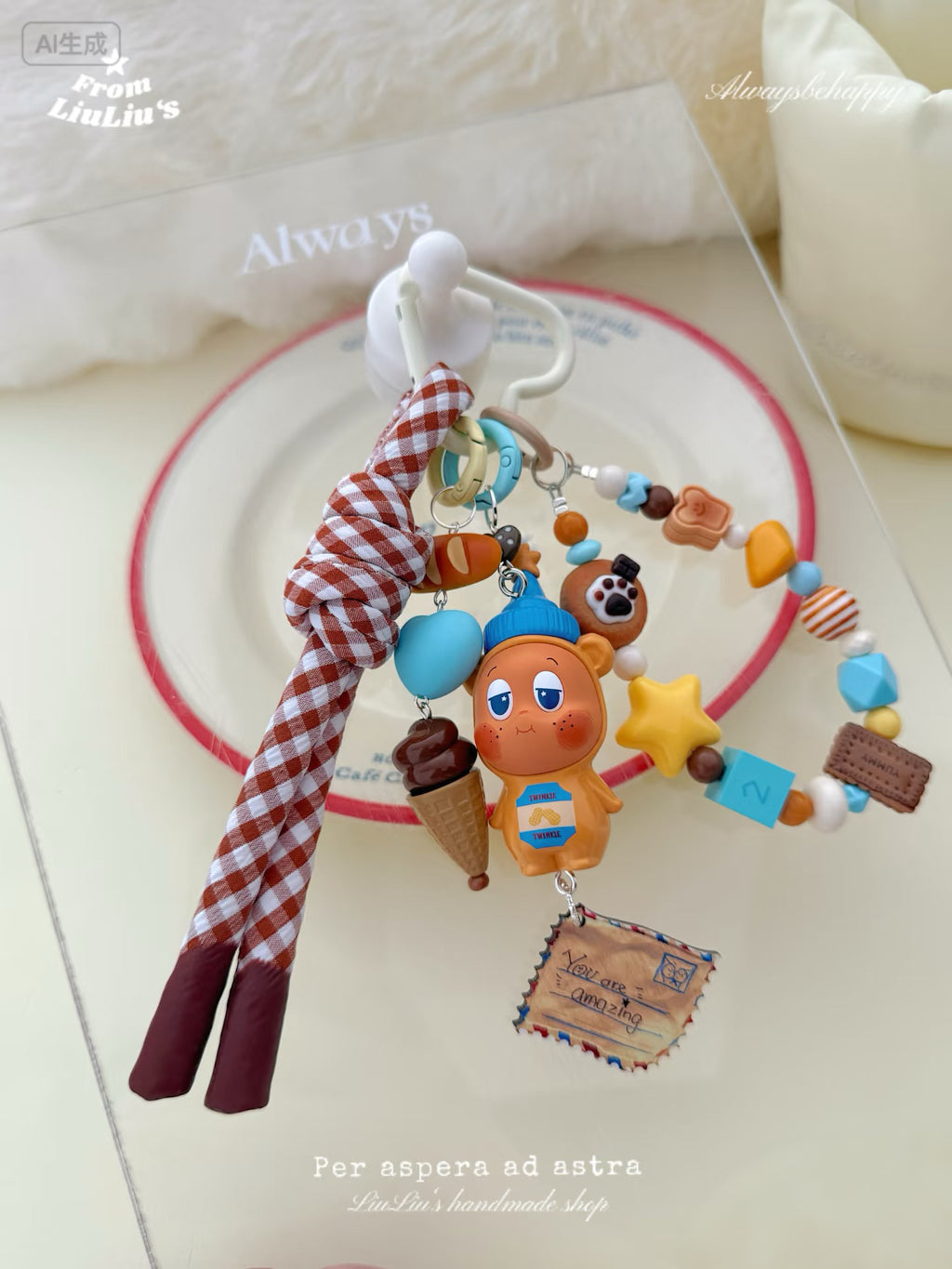 Handmade Kawaii Bag Charm Strap – Orange StarMan Doll with Ice Cream, Cookie & Beaded Lanyard