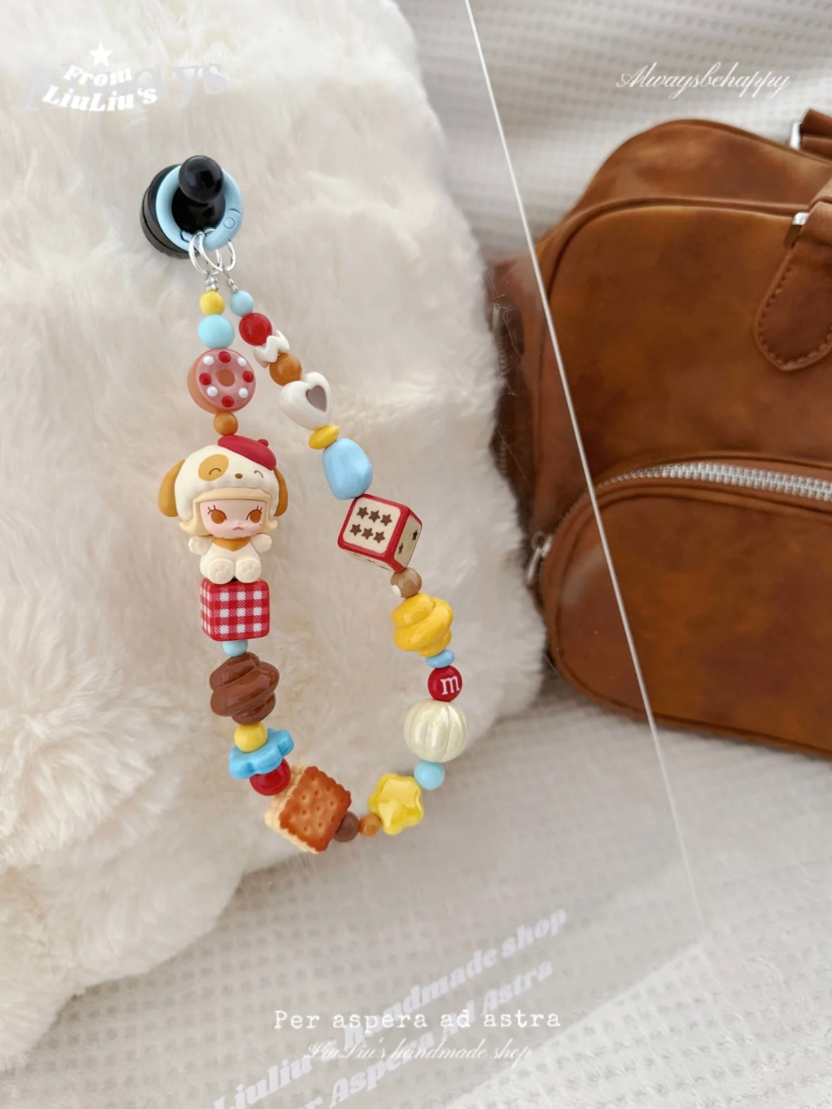 Handmade Custom Beaded Phone Charm - Cookie Dessert Theme in Red and Blue Tones
