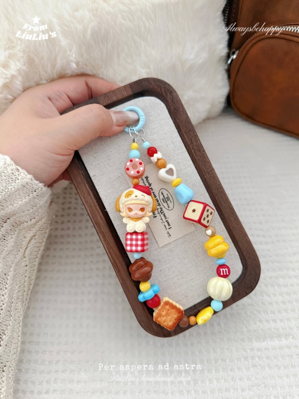 Handmade Custom Beaded Phone Charm - Cookie Dessert Theme in Red and Blue Tones