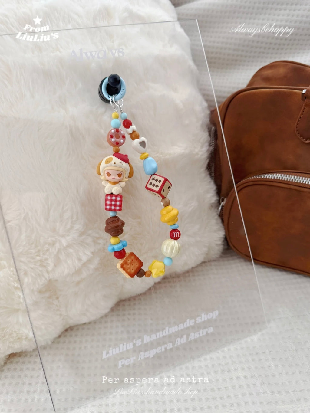 Handmade Custom Beaded Phone Charm - Cookie Dessert Theme in Red and Blue Tones