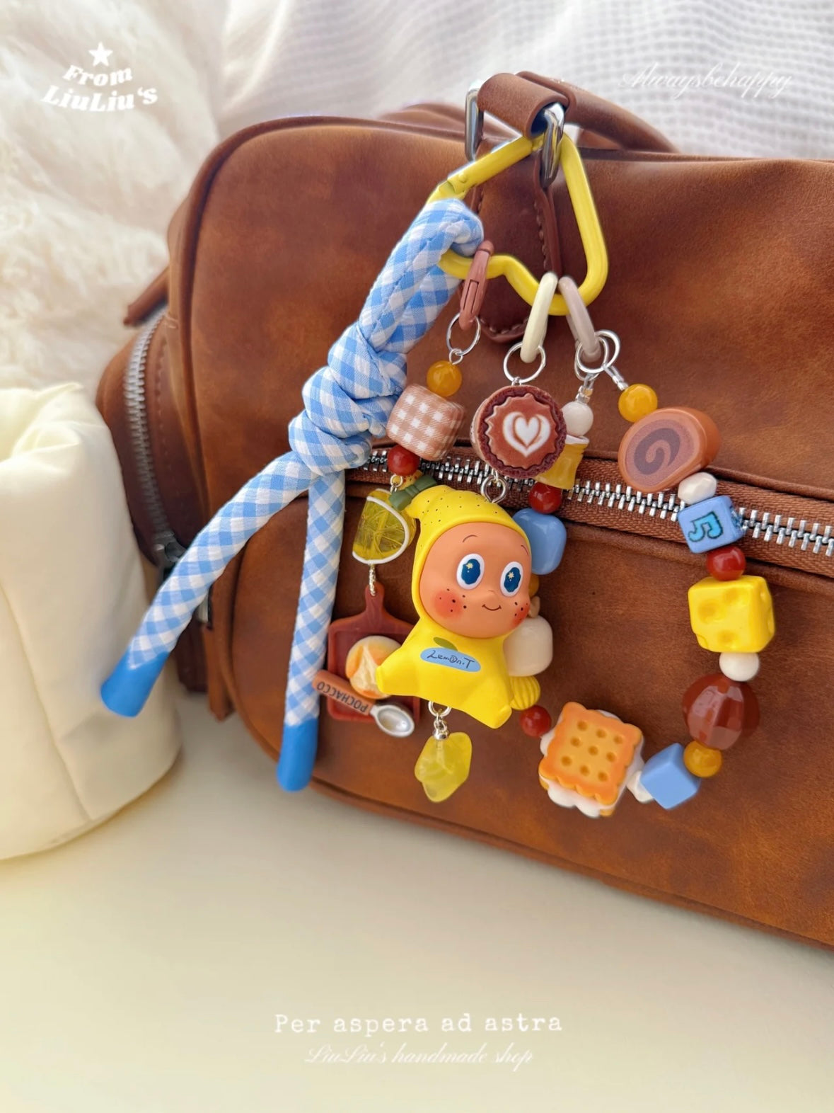 Handmade Custom Beaded Bag Charm - Yellow Cartoon Doll Cookie Dessert Theme Bag Charm