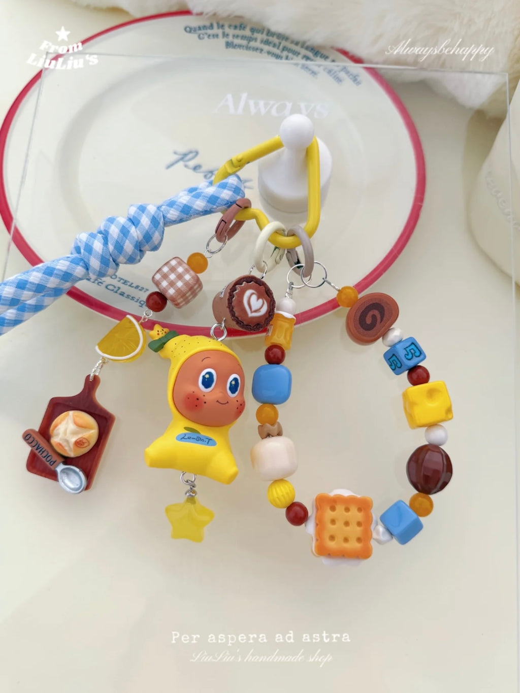 Handmade Custom Beaded Bag Charm - Yellow Cartoon Doll Cookie Dessert Theme Bag Charm