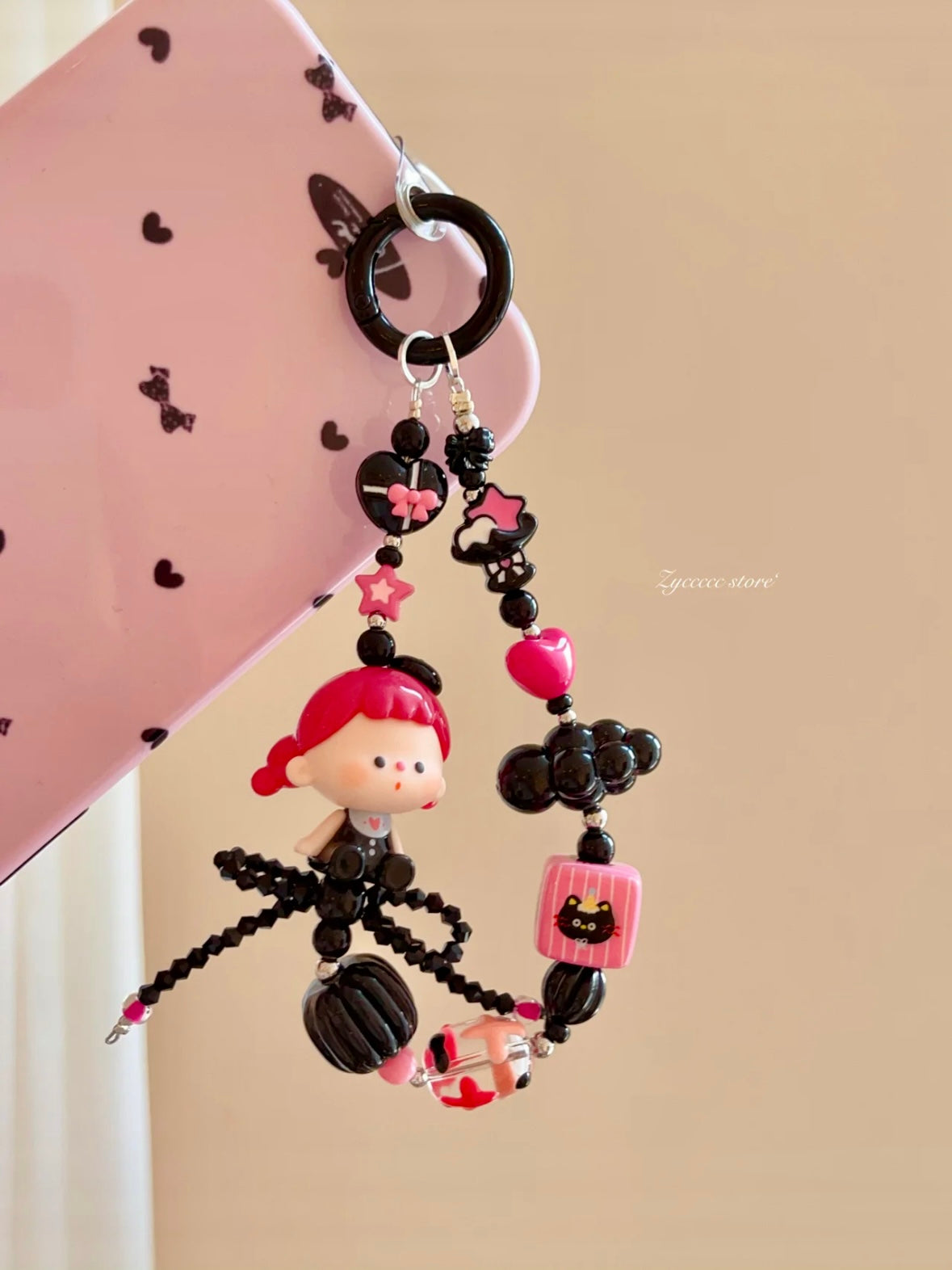Handmade Custom Beaded Phone Charm - Cool Little Girl Black & Pink Phone Chain