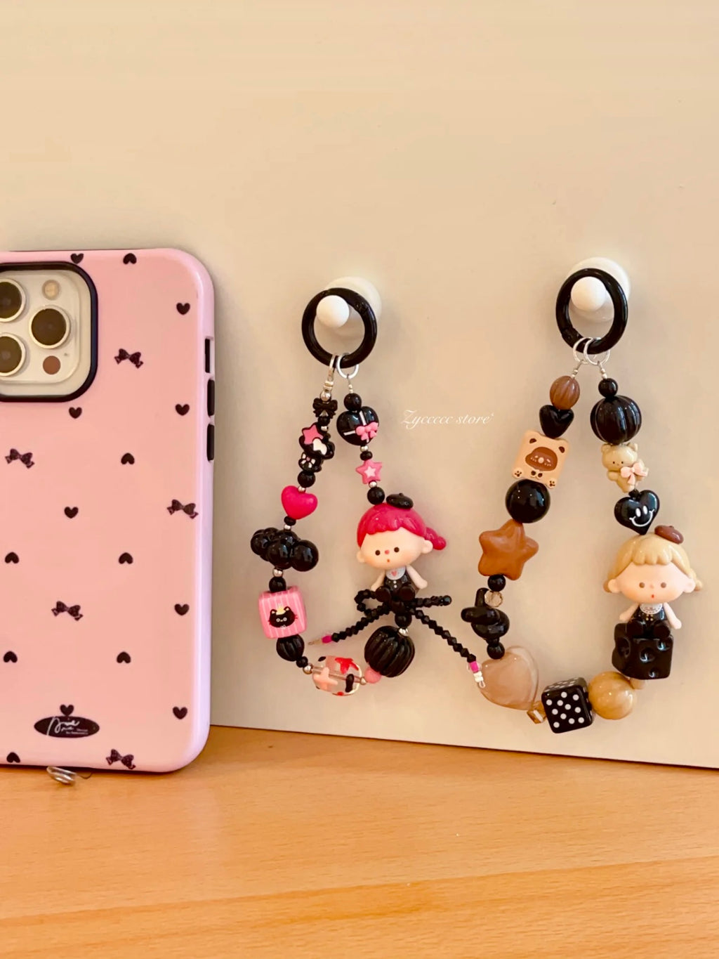 Handmade Custom Beaded Phone Charm - Cool Little Girl Black & Pink Phone Chain