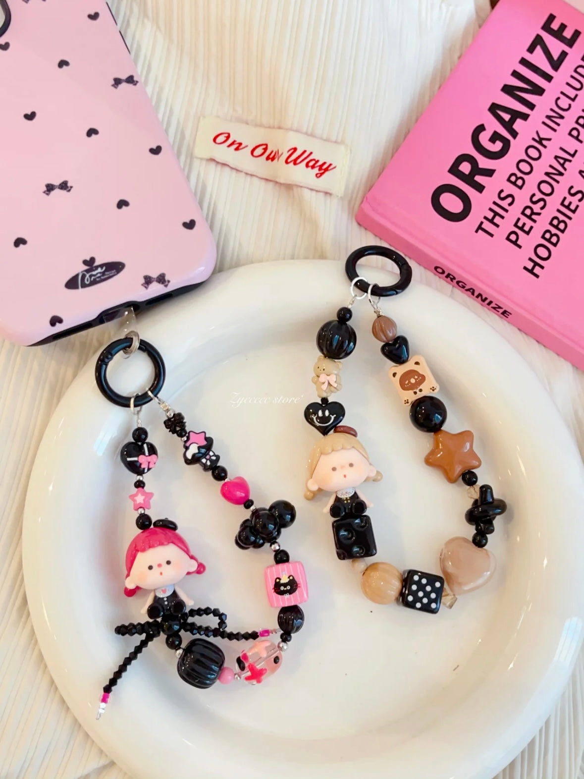 Handmade Custom Beaded Phone Charm - Cool Little Girl Black & Pink Phone Chain