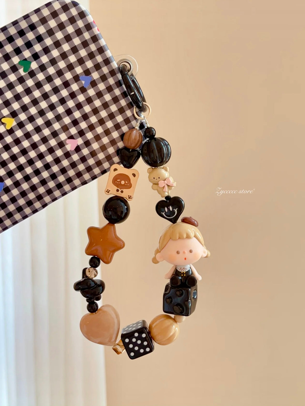 Handmade Custom Beaded Phone Charm - Cool Little Girl Black & Pink Phone Chain