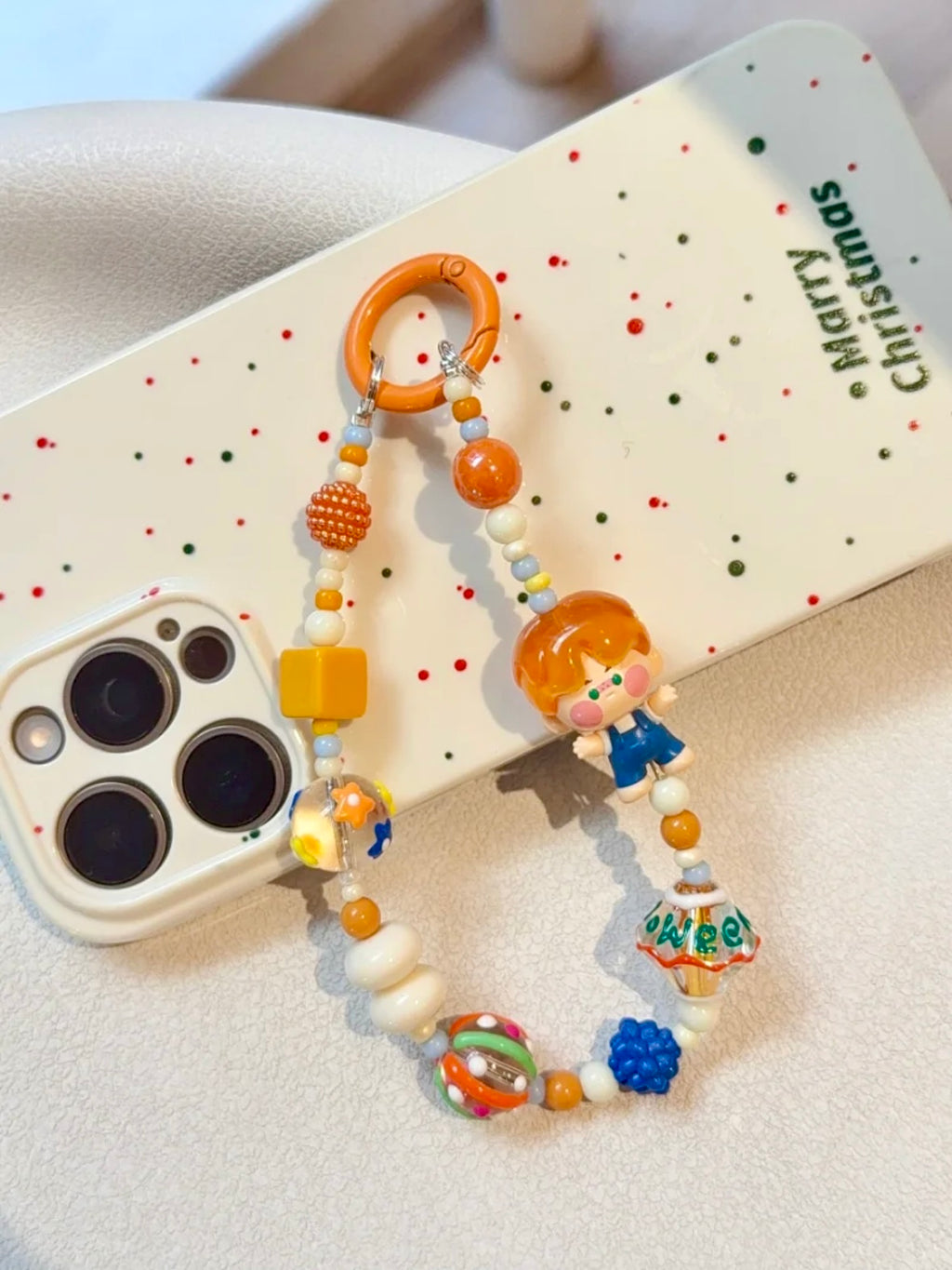 Handmade Custom Beaded Phone Charm - Orange Jelly Doll Pino Theme Phone Chain