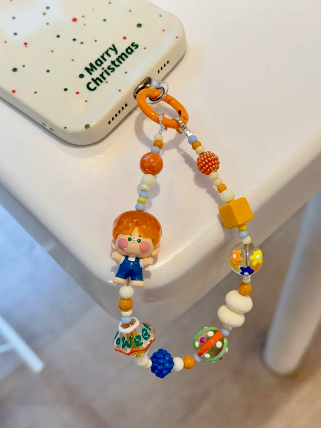 Handmade Custom Beaded Phone Charm - Orange Jelly Doll Pino Theme Phone Chain