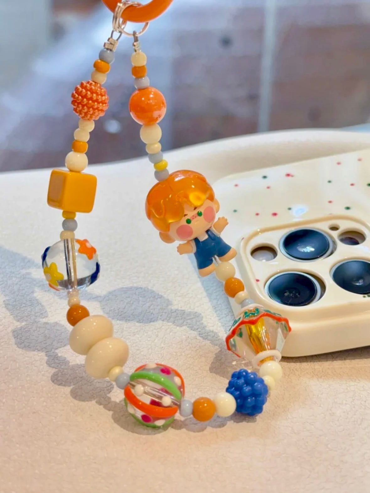 Handmade Custom Beaded Phone Charm - Orange Jelly Doll Pino Theme Phone Chain