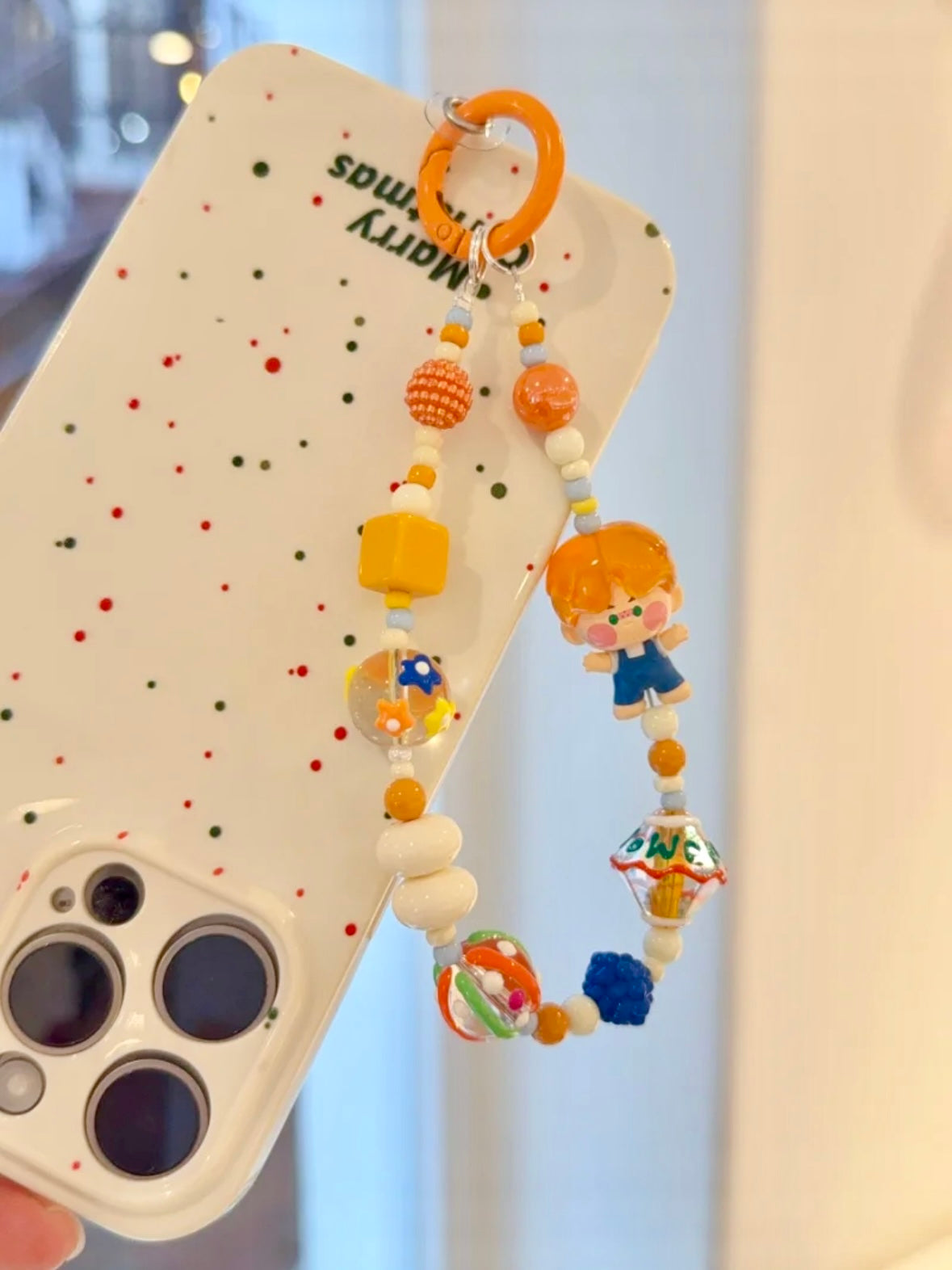 Handmade Custom Beaded Phone Charm - Orange Jelly Doll Pino Theme Phone Chain