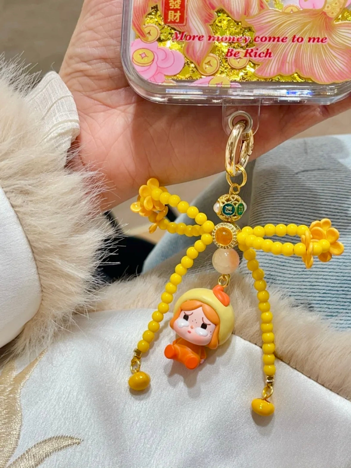 Handmade Custom Beaded Phone Charm - Orange Crying Sad Doll Theme Phone Lanyard