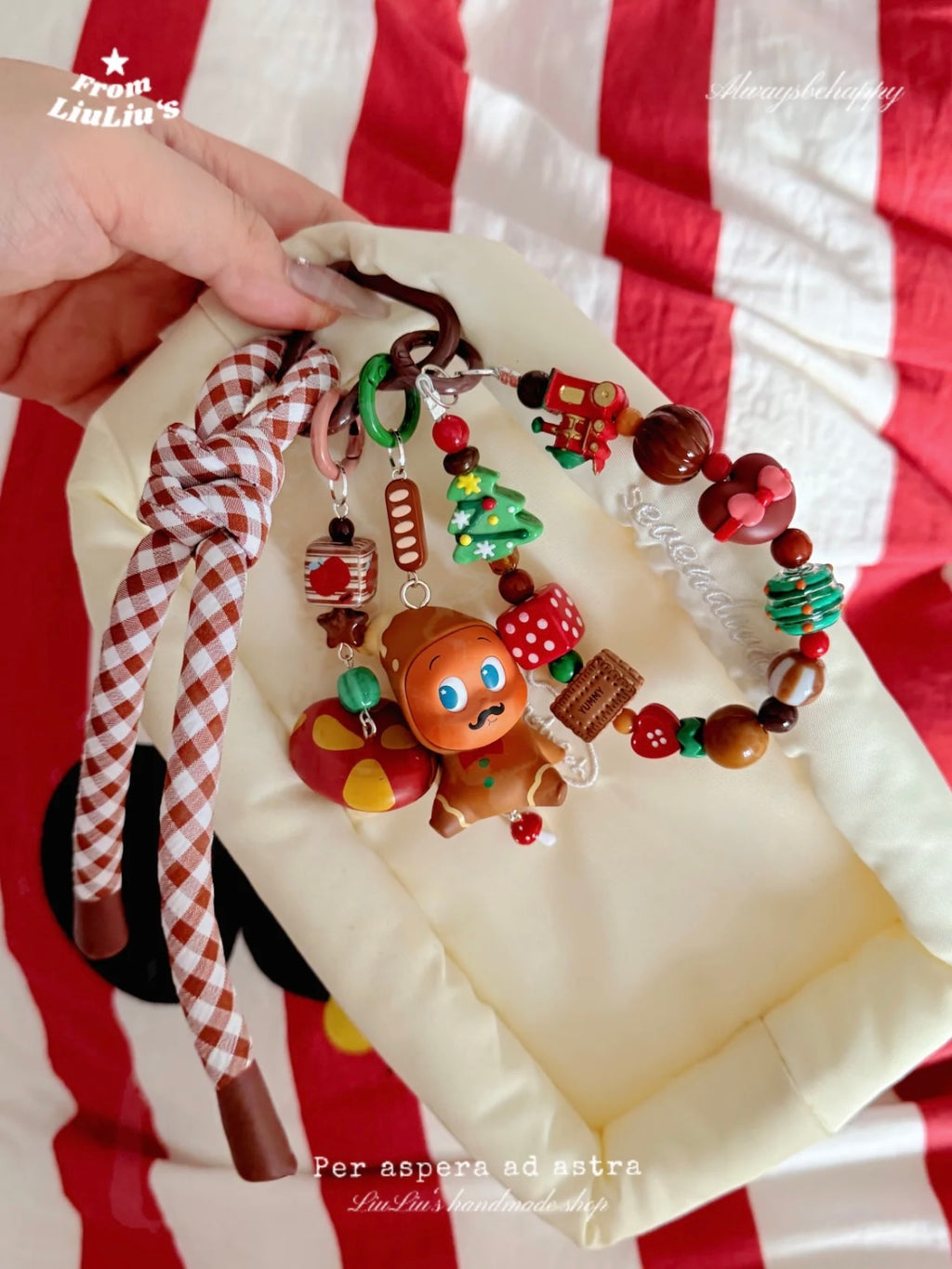 Trendy Toy modified Doll Custom Beaded Bag Charms - Cartoon-Style Doll in Red Christmas Theme
