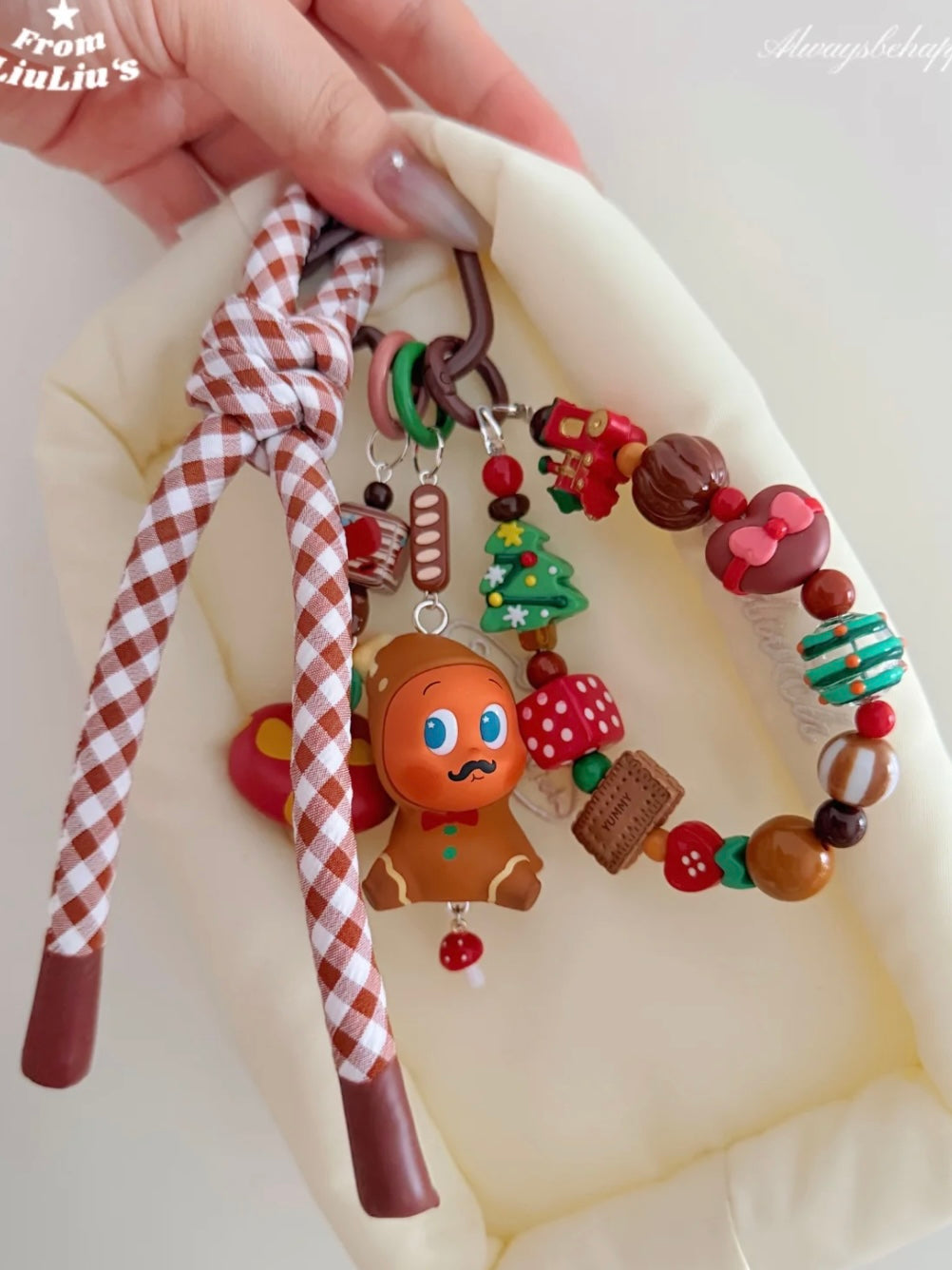 Trendy Toy modified Doll Custom Beaded Bag Charms - Cartoon-Style Doll in Red Christmas Theme