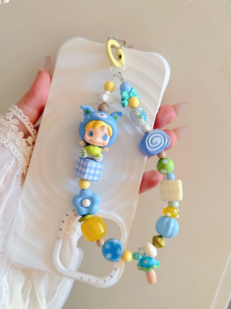 Handmade Custom Beaded Phone Charm - Blue-Toned Cartoon-Style Doll Phone Chain