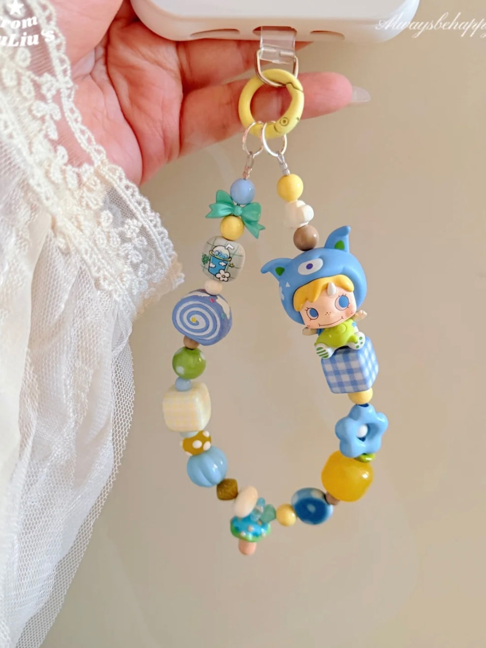 Handmade Custom Beaded Phone Charm - Blue-Toned Cartoon-Style Doll Phone Chain