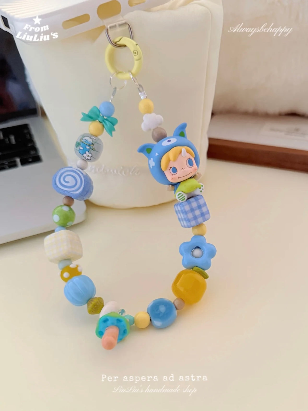 Handmade Custom Beaded Phone Charm - Blue-Toned Cartoon-Style Doll Phone Chain