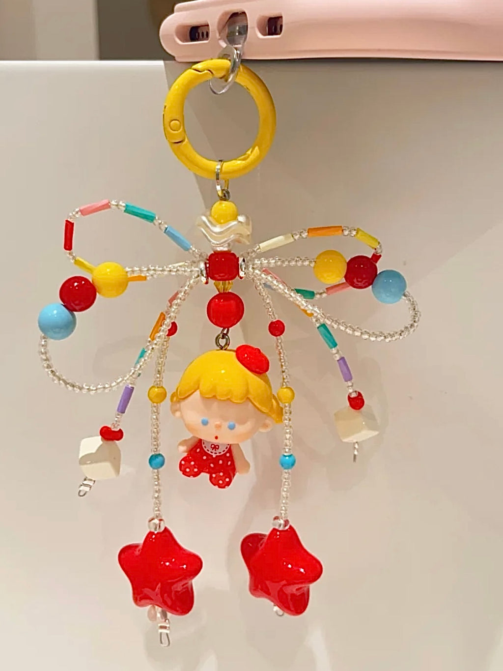 Handmade Custom Beaded Bow Phone Charm - Trendy Toy IP Modified Doll Red-Toned Phone Chain