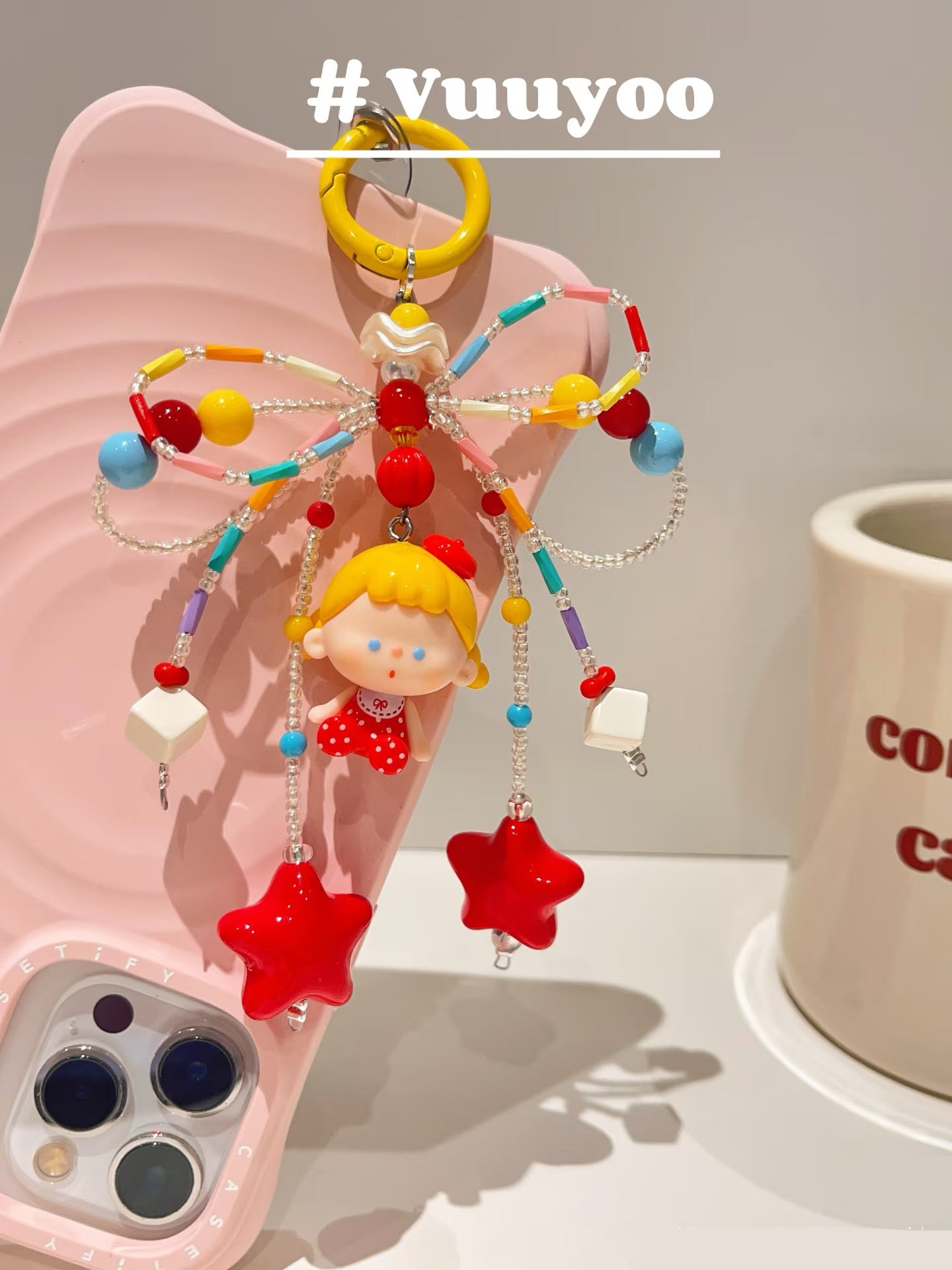 Handmade Custom Beaded Bow Phone Charm - Trendy Toy IP Modified Doll Red-Toned Phone Chain