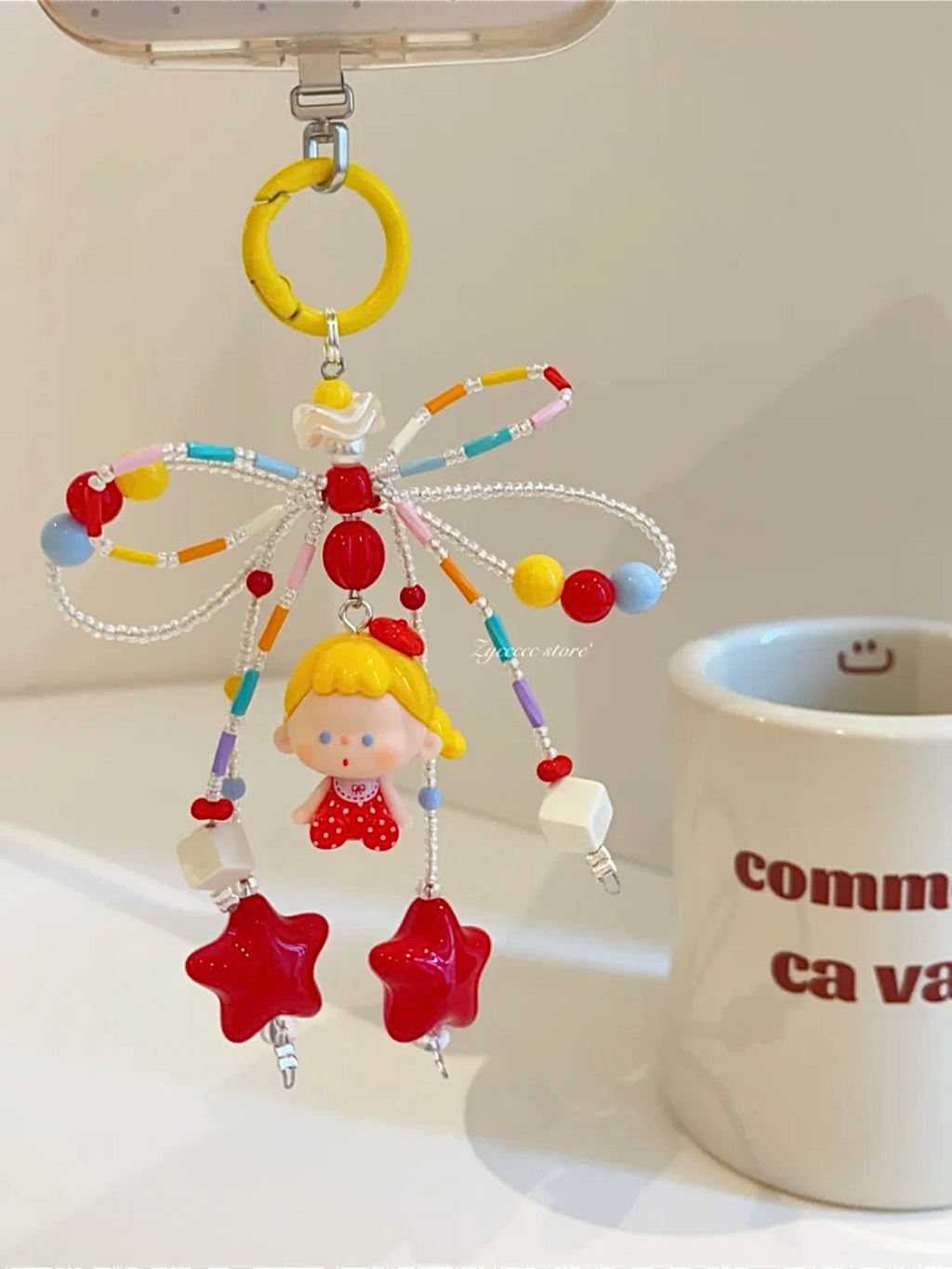 Handmade Custom Beaded Bow Phone Charm - Trendy Toy IP Modified Doll Red-Toned Phone Chain