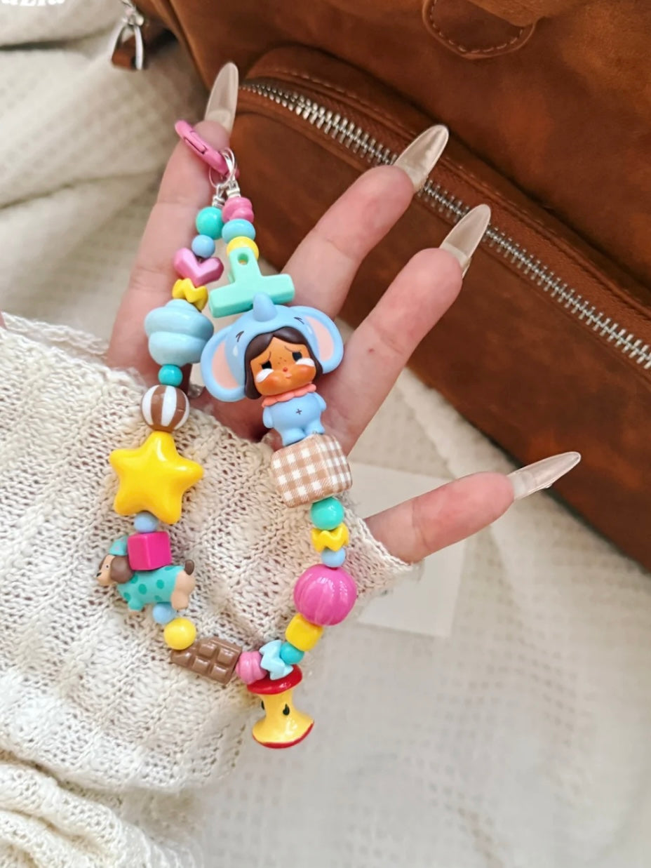Modified Toy Handmade Custom Beaded Phone Charm - Blue Crying Doll Phone Chain
