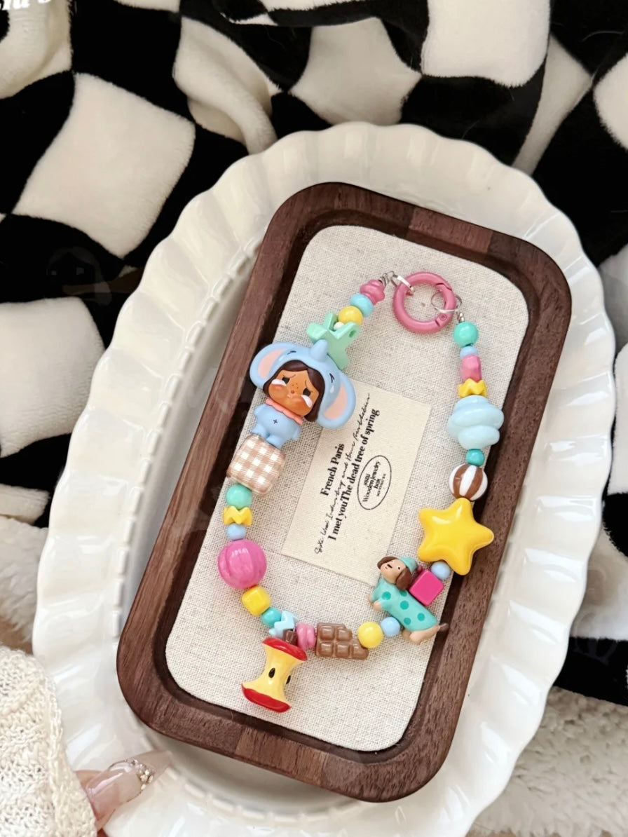 Modified Toy Handmade Custom Beaded Phone Charm - Blue Crying Doll Phone Chain