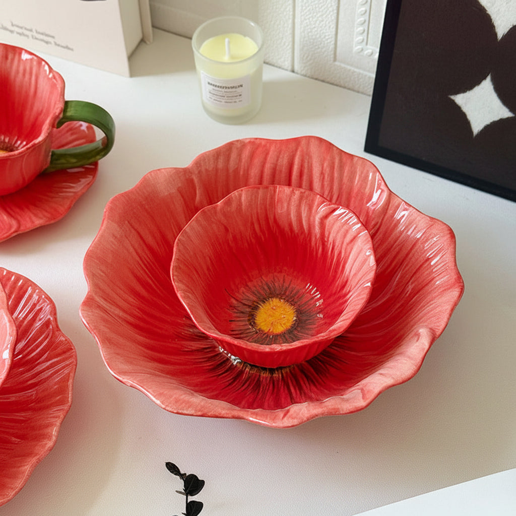 Red Poppy Shaped Ceramic Bowl | Botanical Aesthetic Dessert & Serving Bowl
